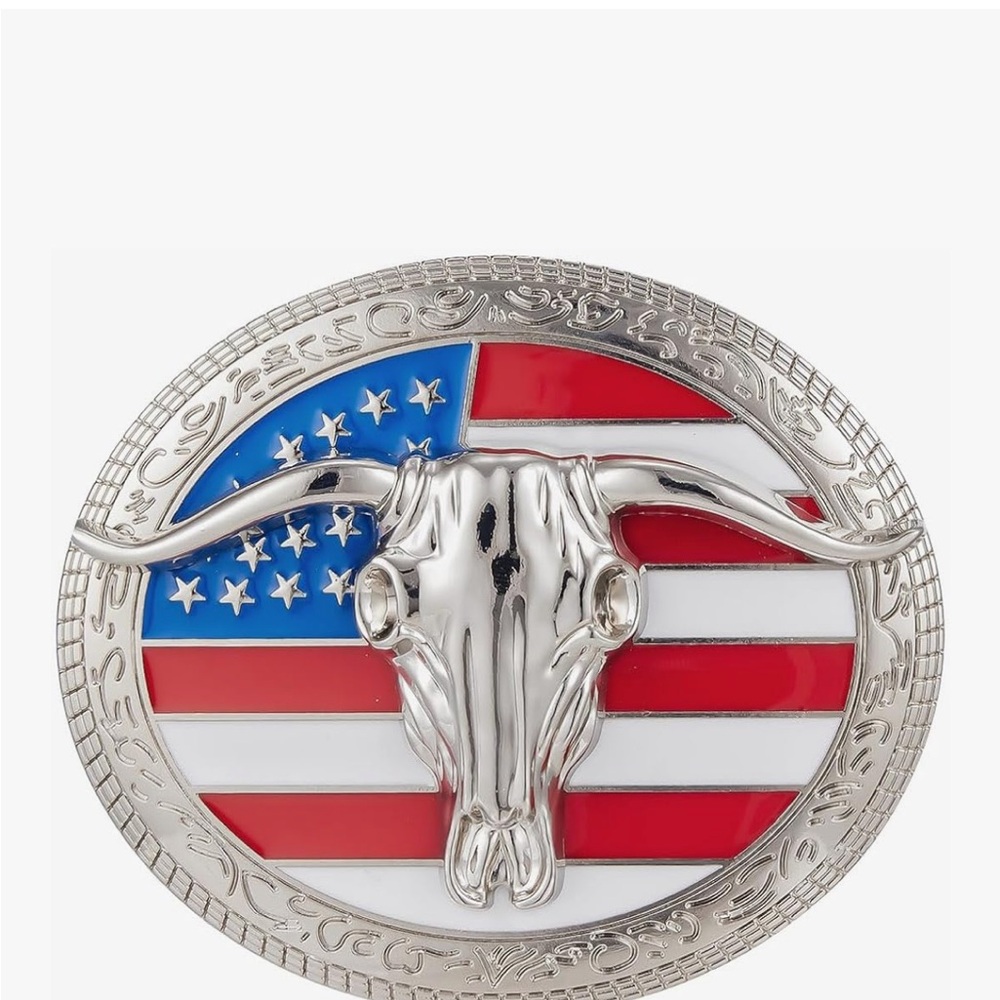 Patriotic Silver Longhorn Belt Buckle